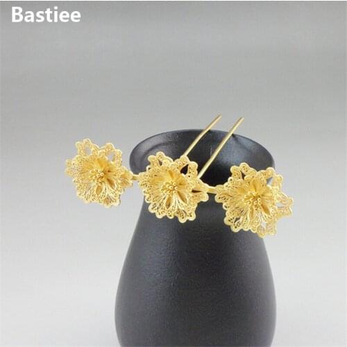 Bastiee Flowers 999 Sterling Silver Hair Fork For Women Golden Plated Luxury Hair Stick Hmong Jewelry