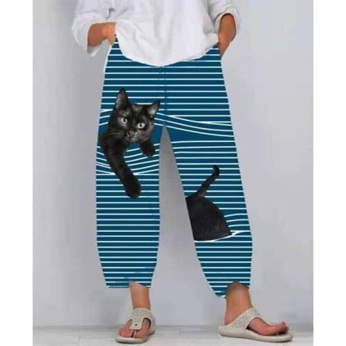 Women Pants Cat Animal Printed High Waist Pants Stripe Casual Loose Pant Woman Sweatpants Harajuku Cartoon Trousers 2021 Summer