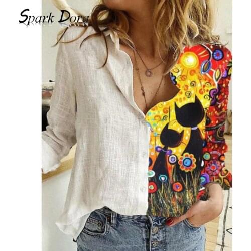 Womens Tops And Blouses New Casual Fashion Streetwear Hit Color Printed Loose Long Sleeve Turn-down Collar Comfort Ladies Tops