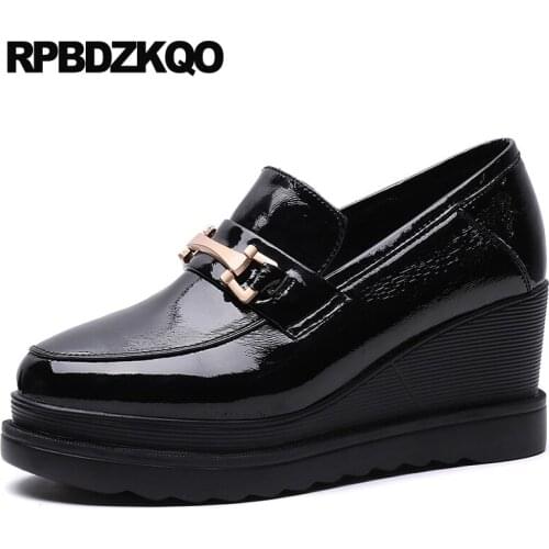 Slip on black round toe high heels 3 inch fashion brand women shoes 2019 platform pumps wedge designer genuine leather patent