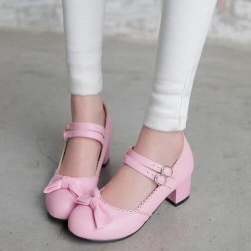 Women Mary Janes Pumps Cute Bowtie Princess Lolita Shoes Ladies Square High Heel Princess Wedding Cosplay Big Size 30-50 253