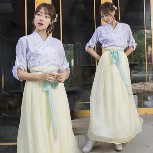 Hanfu female ancientry short-sleeved dress embroidery flower dress small and pure and fresh wind han Chinese elements