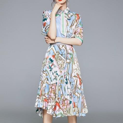 Womens Dress Summer Autumn New Suit Lapel Tie-Up Puffy Shirt Pleated Skirt Two-Piece Suit High Quality Female Printing Y-57