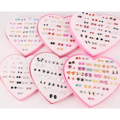 36Pairs/box Mix Cute Cartoon Hypoallergenic Plastic Love Flowers Stud Earrings Set For Women Girl Pearls Earrings Jewelry Gift