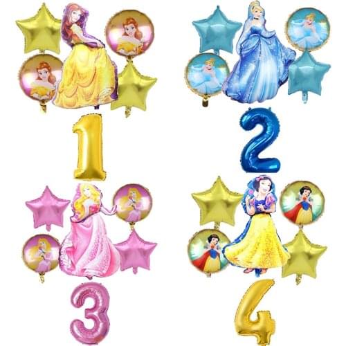 6pcs 32inch Number Cinderella Snow White Princess Helium Balloons Baby Girl Foil Globos Birthday Party Decorations Kids Toys