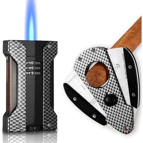 GALINER Butane Gas Lighter Cigar Cutter Set Carbon Fiber 1 Torch Cigar Lighter Metal Sharp Guillotine Cutter Cigar Accessories