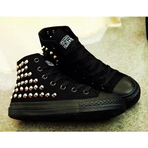HKJL new high-help punk canvas shoes single shoes tie couple men and women rivets casual shoes large size