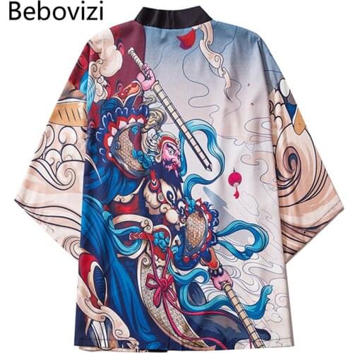 Bebovizi Chinese Style Samurai Print Men Japanese Kimono Cardigan Summer Man Blue Clothing Jacket Shirt Asian Anime Yukata Haori