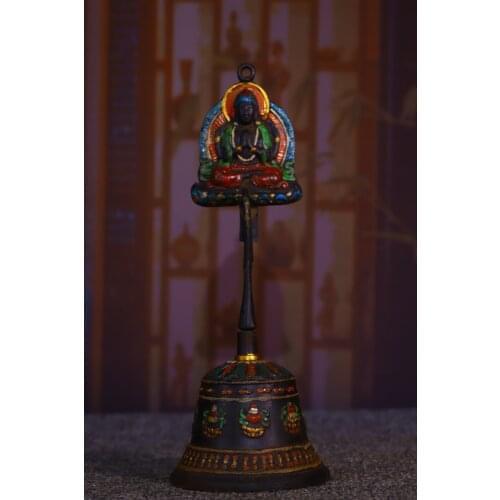 10"Tibet monastery collection Old Bronze Tracing Four-arm Guanyin statue Rattle Bells Ornaments Town House Exorcism