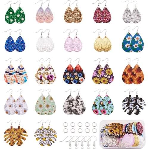 1Set DIY Earring Making Kit PU Leather Pendants Flowers Pattern Oval Teardrop Charms Jump Rings Earring Hook for Earring Jewelry