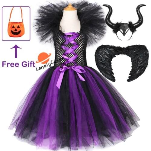 2021 Halloween Witch Cosplay Costume Queen Dress Demon Tutu Dress Devil Horn Wing Hat Pumpkin Bag Tutu Dress Girl Party