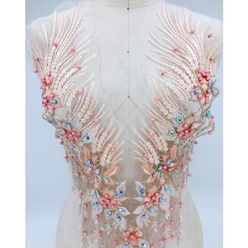 10 Colors Sew On Pearl Beaded Lace Applique With Rhinestone For Haute Couture, Costume, Evening Dress