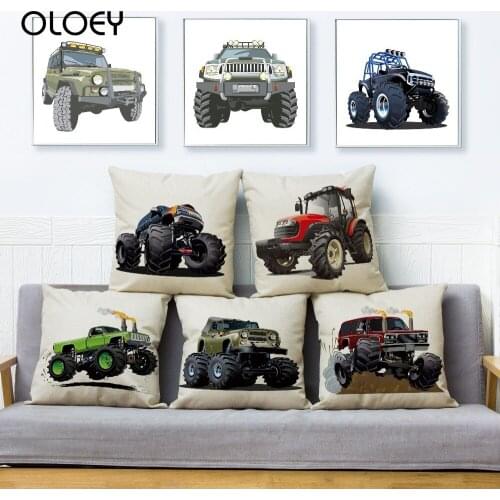 USA Cartoon Monster Truck Car SUV Pattern Cushion Cover Linen Pillow Covers 45*45cm Pillows Case Home Decor Pillowcase