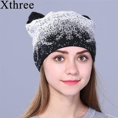 Xthree Cute Kitty Winter Hat for Women Rabbit Fur Wool Knitted Hat Beanies Hat Feminino Hat for Girl