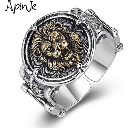 Apinje 925 Sterling Silver Vintage Open Ring for Men And Women Animal Lion Head Dragon Scale Star Biker Mens Jewelry