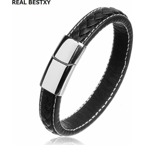 REAL BESTXY Womens Mens Leather Bracelet Handmade Strands Rope Lucky Spade Straight Stainless Steel Clasp Leather Bracelet