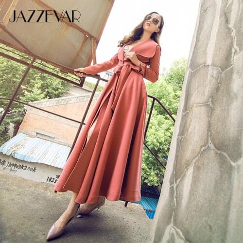 JAZZEVAR 2021 New Autumn High Fashion Street Womens X-Long Trench Coat Female Classy Coats Socialite Turn-down Collar Outerwear