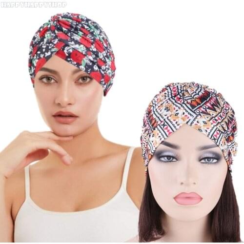 New Women Floral Print Turban Pleated Banadans Cap Headwrap Chemo Cancer Cap India Headwear Muslim Islamic Hair Accessories