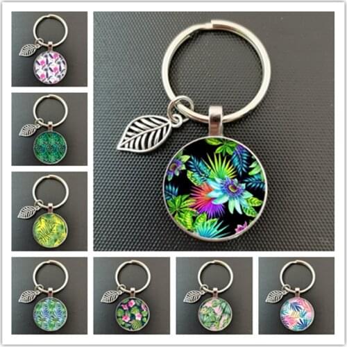 New Green Tropical Leaves Glass Pendent Keychain Tropical Green Plant Leaf Glass Cabochon Key Rings