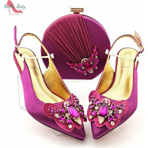 Magenta Color Slingbacks Sexy Shoes and Bag to Match with Shinning Crystal Elegant Ladies Sandals for Party