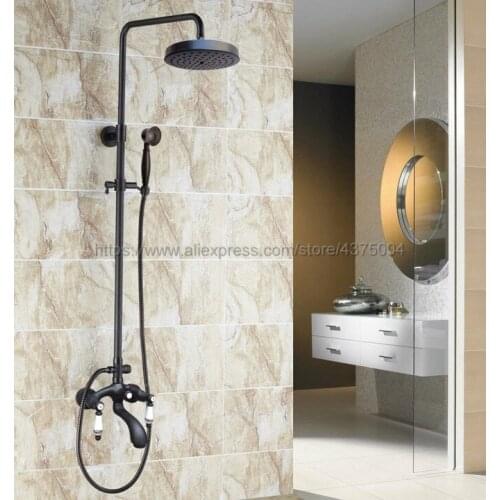 Black Oil Rubbed Brass Double Ceramic Handle Shower Set Faucet 8" Rain Shower Head Tub Faucet W/ Hand Shower Mixer Tap Nhg137