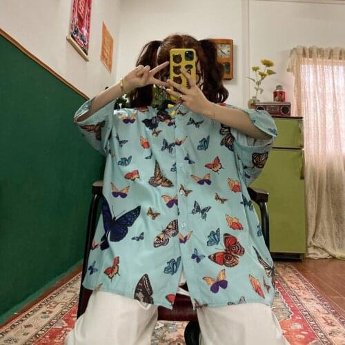 Street retro girl butterfly print Lapel thin material short sleeve BF loose large shirt shirts women