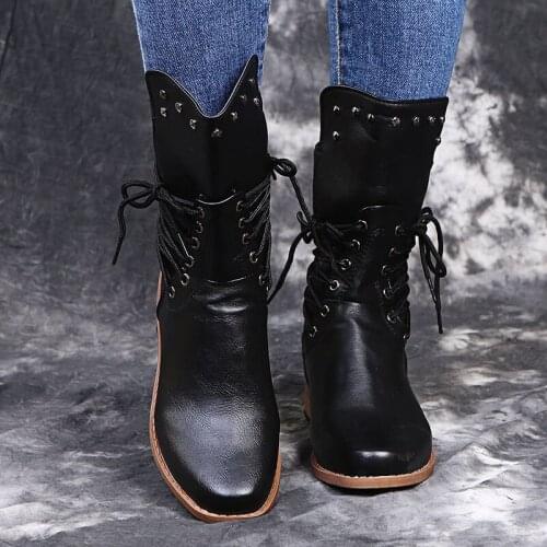2021 Women Flat Pu Cowboy Boots Female Cross-tie Rivet Mid-Calf Boots Autumn Winter Woman Low Square Heel Shoes Black Brown 43