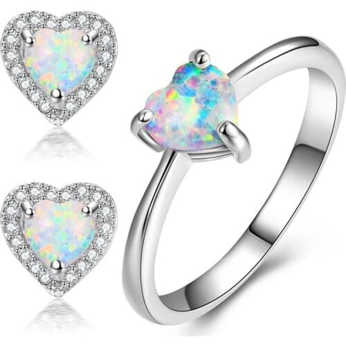 Boho Female Ring Earrings Jewelry Set Fashion White Fire Opal Heart Ring Stud Earrings Bridal Jewelry Sets For Women