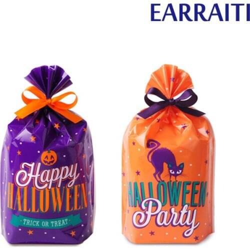 50PCS Plastic Halloween Bags Pumpkins Castle Bat Party Favor Cookies Candy Gift Bag Packaging Kids Ribbon Halloween Bag Treat