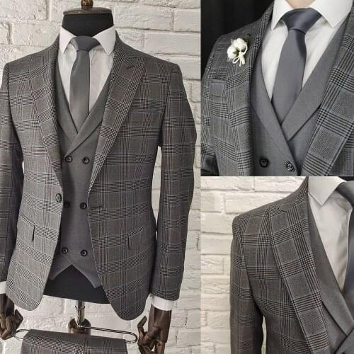 Business Men Check Tuxedos New Design High Quality Cumtom Made Smart Casual Plaid Party Wedding Groom Suit Blazer 3 Pieces