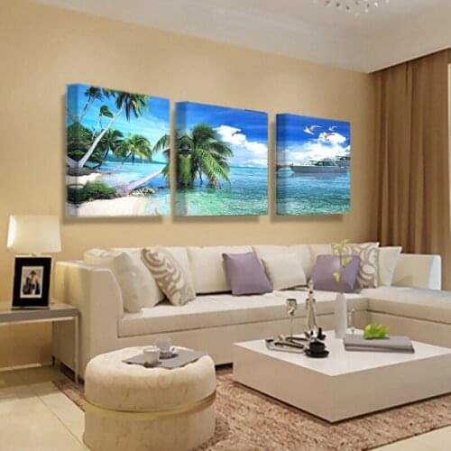 Modern Blue Ocean Sky Landscape Canvas Painting Seascape Tree Beach Poster Interior Decor Wall Pictures R260