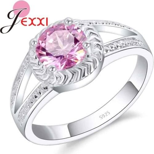 High Quality Ladies 925 Sterling Silver Rings With Light Pink Crystal Clear Sweet Cute Little Fresh Style Jewelry