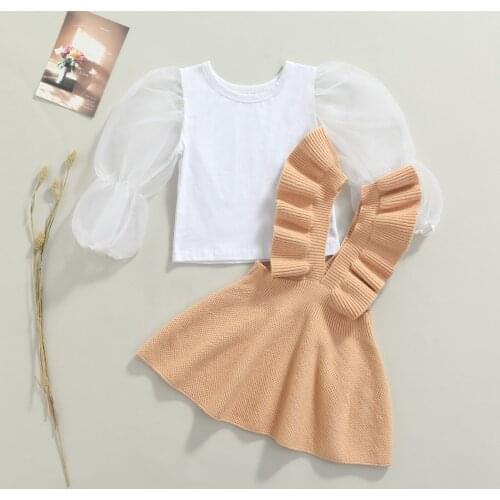 2-7Years Girl’s Skirt Two Pieces Suit Fashion Solid Color Long Sleeve Tops and Knitted Suspender Skirt