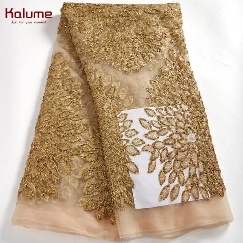 Kalume African Beads Lace Fabric 2021 5 Yards Nigerian Tulle Lace Fabric High Quality For Diy Sew Dress Wedding Party F2583