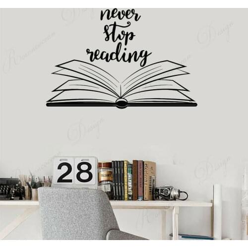 Never Stop Reading Quote Wall Sticker Vinyl Wall Decal Open Book Reading Room Library Decor Removable Murals Wallpaper 4354