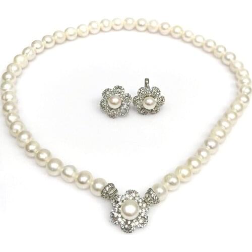 New Gold Model Pearl Necklace Earrings Silver Set Suit