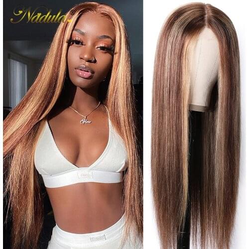 New Fake Scalp Lace Part Wig Pre Plucked Straight Human Hair T part Lace Wig HighLight Honey Blonde Ombre Straight Hair Wig