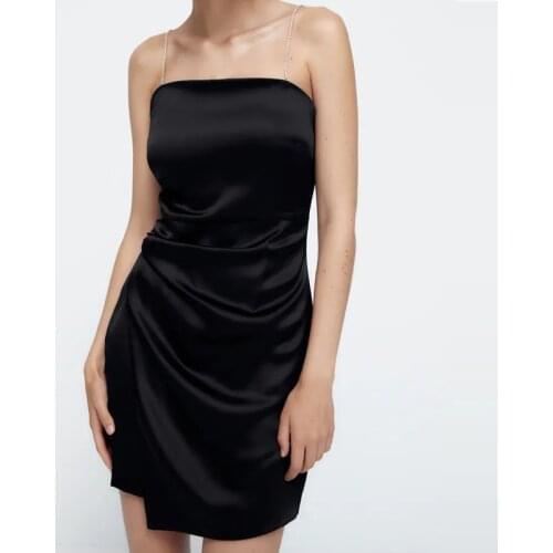 TRAF Za 2021 Slip Dress Women Black Mini Dress Woman Ruched Short Summer Dresses Ladies Elegant Strap Backless Evening Dresses
