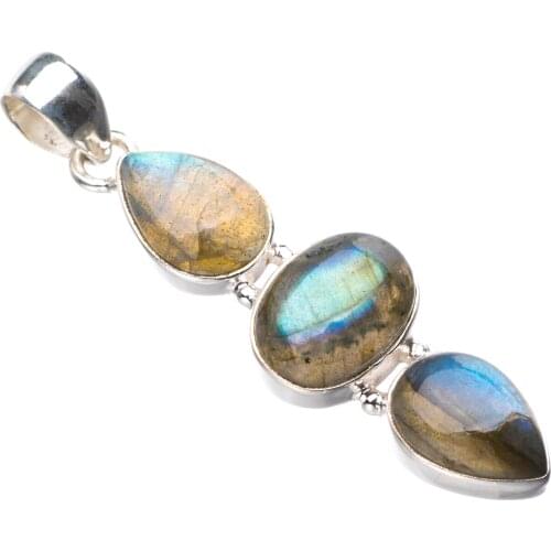 StarGems Natural Blue Fire Labradorite Handmade 925 Sterling Silver Pendant 2" D9414