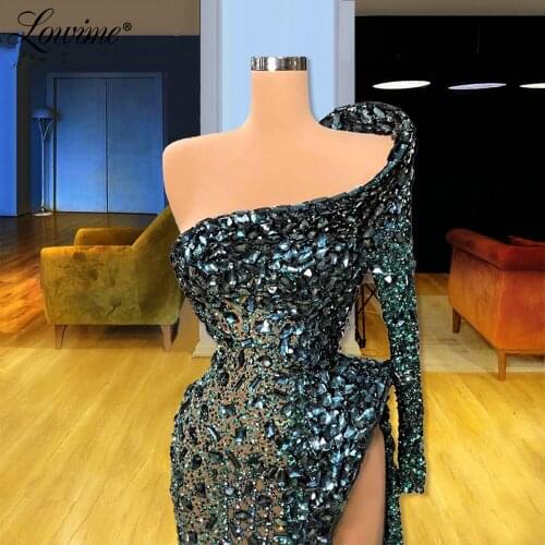 Luxury Hot Sexy Green Party Dress High Split Side Crystal Evening Gown 2021 African Prom Dresses One Shoulder Women Evening Wear