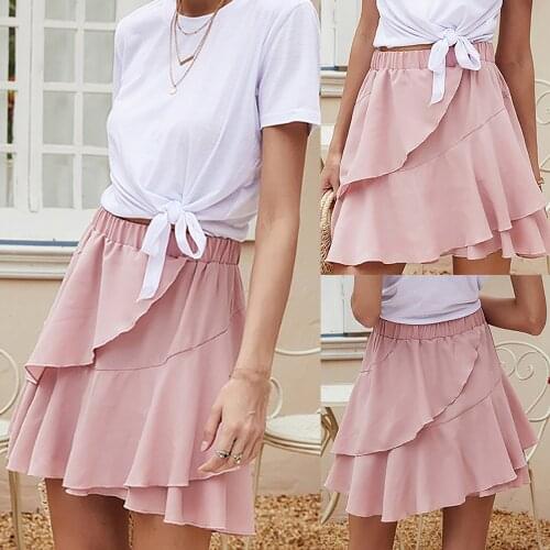 Sagace holiday style solid color Ruffle stitching elastic waist womens skirt summer new foreign style irregular pleated skirt