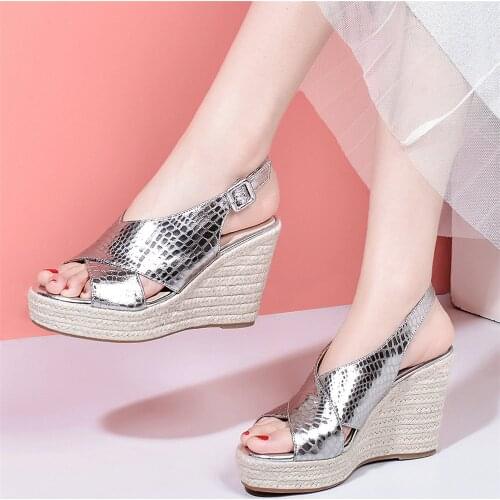Women Back Strap Genuine Leather Wedges High Heel Roman Gladiator Sandals Female Summer Open Toe Platform Pumps Casual Shoes