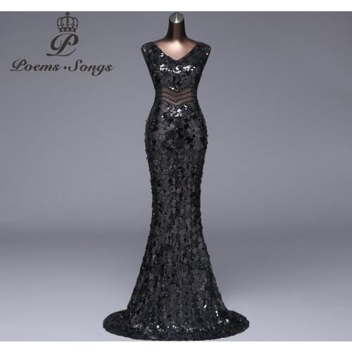 Poems songs Sexy waist Evening Dress Party dress vestido de festa Luxury Black Sequin robe longue prom gowns reflective dress