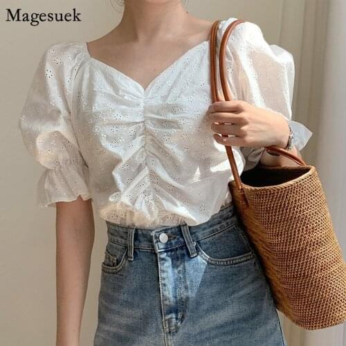 Sexy Hollow Pleated V-neck Puff Short Sleeve Shirt Women Korean Retro Fashion Tops Slim White Blouses Female Clothing New 14298