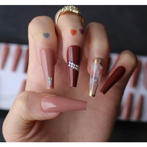 Rhinestone Long Ballerina Coffin Extra Fake nails Brown Sugar Nude Multicolor mix match crystal nail Clear blooming Custom box
