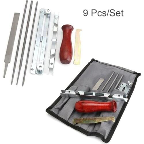 9pcs/set Chainsaw Sharpener Round Flat File Depth Gauge Holder Wooden Handle for Sharpening Filing Maintenance Tools