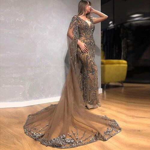 Dubai Crystal Rhinestone Mermaid Evening Dresses 2021 With Long Cape Luxury Beaded Champagne Long Prom Gowns Modest Party Dress