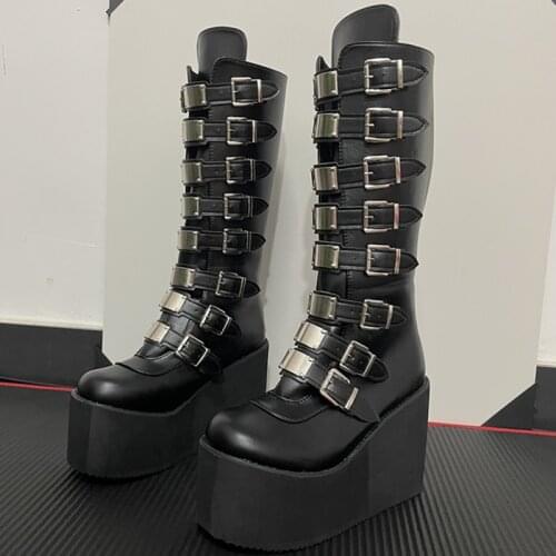 Brand Design Big Size 43 Black Gothic Style Cool Punk Motorcycles Boots Female Platform Wedges High Heels Calf Boots Women Shoes