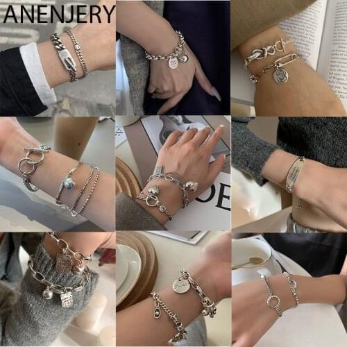 ANENJERY 925 Sterling Silver Smiling Face Star Love Heart Bracelet For Women Men Thick Chain Thai Silver Bracelet Wholesale