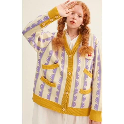 Bebobsons Design Women Winter Thick Knit Cardigan Coat Purple Yellow Spell Color Lace V Neck Long Sleeve Femme Sweater Jumper